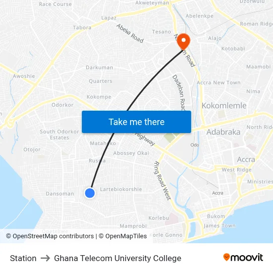 Station to Ghana Telecom University College map