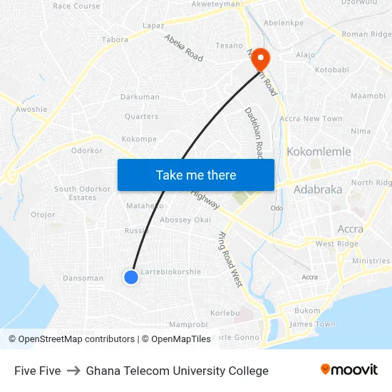 Five Five to Ghana Telecom University College map
