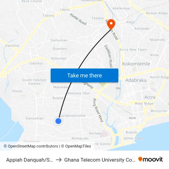 Appiah Danquah/Soko to Ghana Telecom University College map