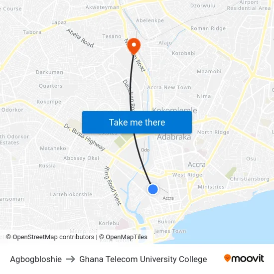 Agbogbloshie to Ghana Telecom University College map