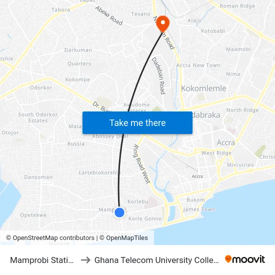 Mamprobi Station to Ghana Telecom University College map