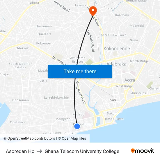 Asoredan Ho to Ghana Telecom University College map