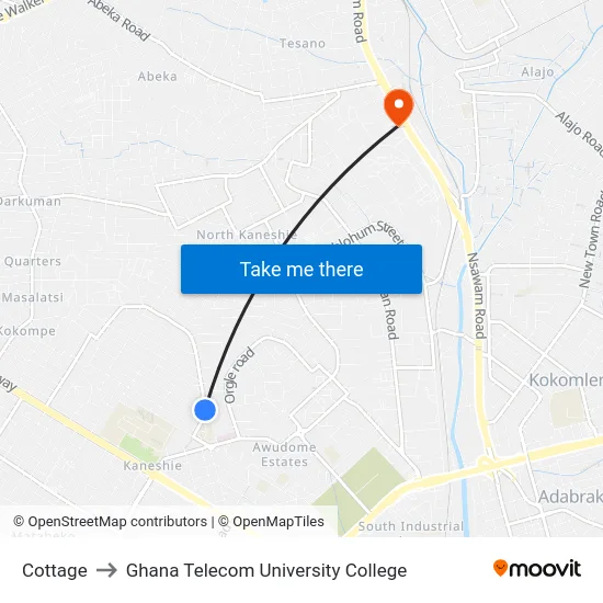 Cottage to Ghana Telecom University College map