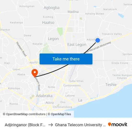 Adjiringanor (Block Factory) to Ghana Telecom University College map