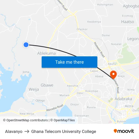 Alavanyo to Ghana Telecom University College map