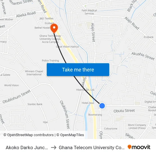 Akoko Darko Junction to Ghana Telecom University College map