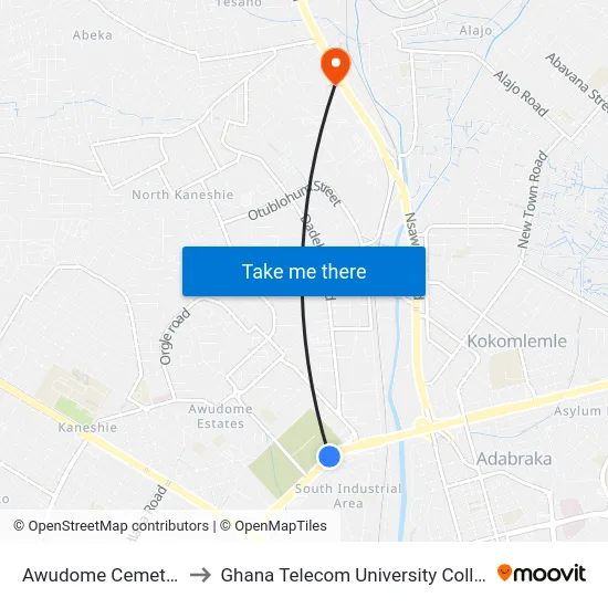 Awudome Cemetery to Ghana Telecom University College map