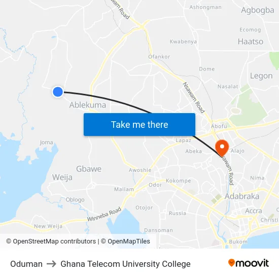 Oduman to Ghana Telecom University College map
