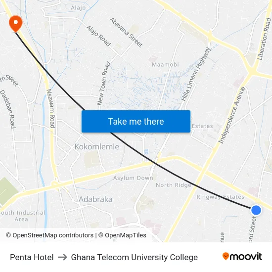 Penta Hotel to Ghana Telecom University College map