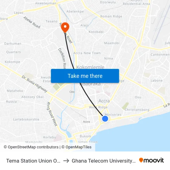 Tema Station Union Of Gprtu to Ghana Telecom University College map
