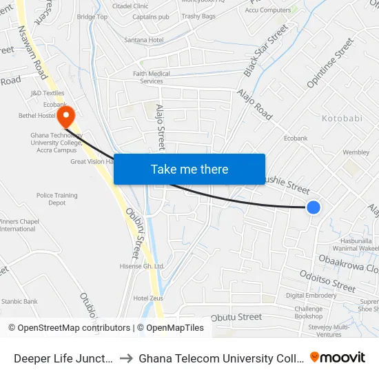 Deeper Life Junction to Ghana Telecom University College map