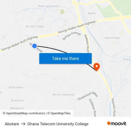 Abotare to Ghana Telecom University College map
