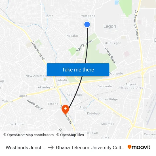 Westlands Junction to Ghana Telecom University College map