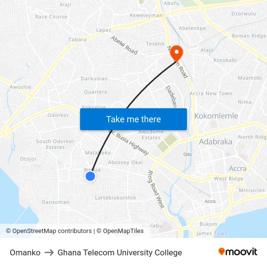 Omanko to Ghana Telecom University College map