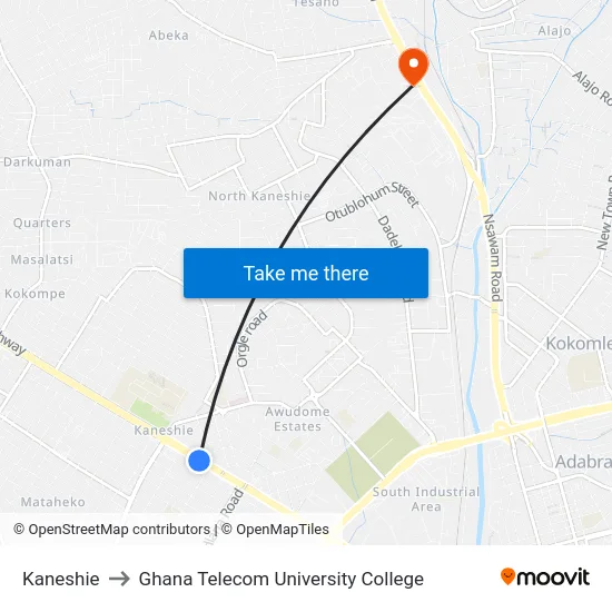Kaneshie to Ghana Telecom University College map