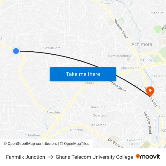 Fanmilk Junction to Ghana Telecom University College map