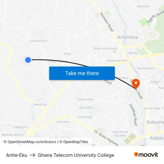 Antie-Eku to Ghana Telecom University College map