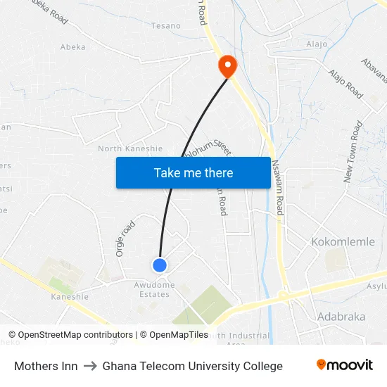 Mothers Inn to Ghana Telecom University College map