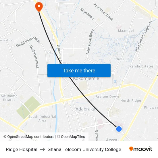 Ridge Hospital to Ghana Telecom University College map