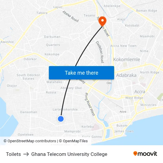 Toilets to Ghana Telecom University College map