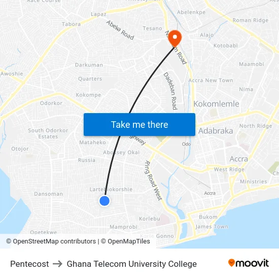 Pentecost to Ghana Telecom University College map