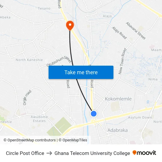 Circle Post Office to Ghana Telecom University College map