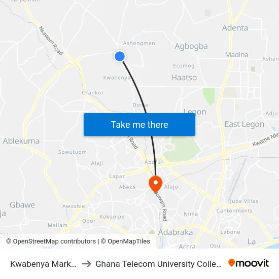 Kwabenya Market to Ghana Telecom University College map