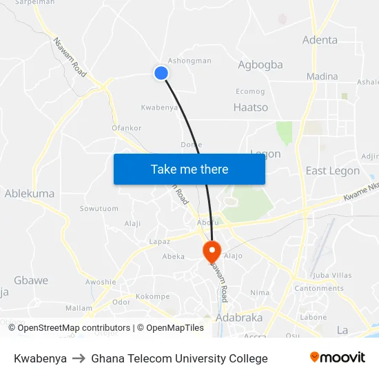 Kwabenya to Ghana Telecom University College map