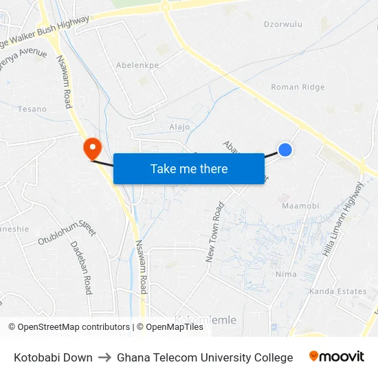 Kotobabi Down to Ghana Telecom University College map