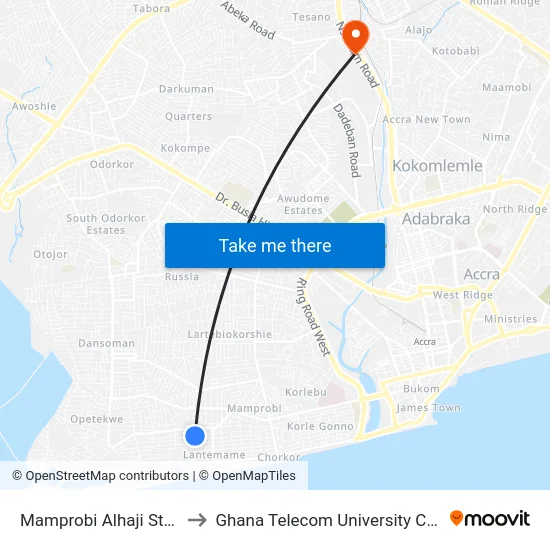 Mamprobi Alhaji Station to Ghana Telecom University College map