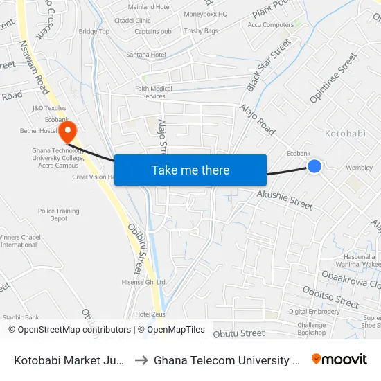 Kotobabi Market Junction to Ghana Telecom University College map