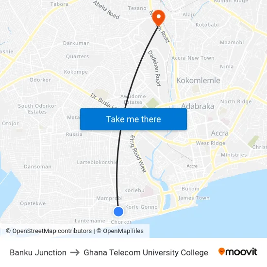 Banku Junction to Ghana Telecom University College map