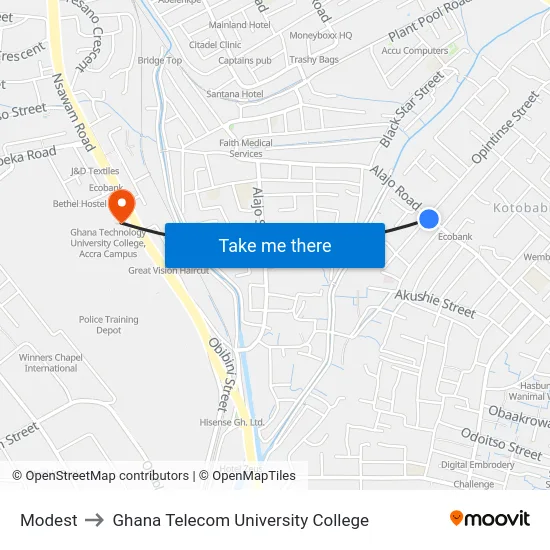 Modest to Ghana Telecom University College map
