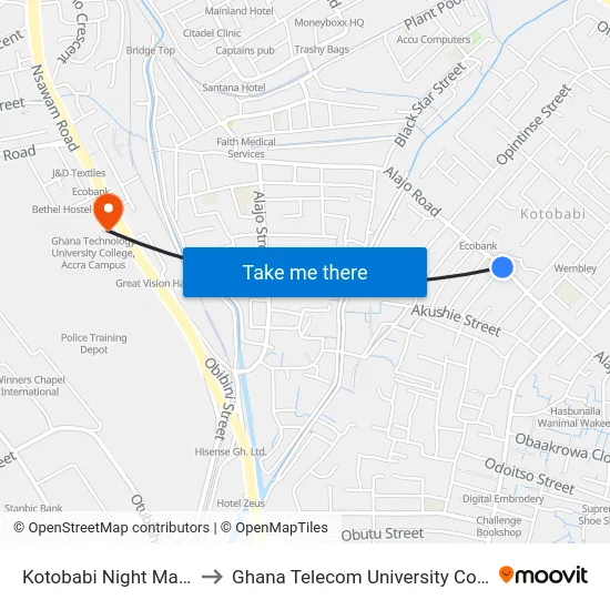 Kotobabi Night Market to Ghana Telecom University College map