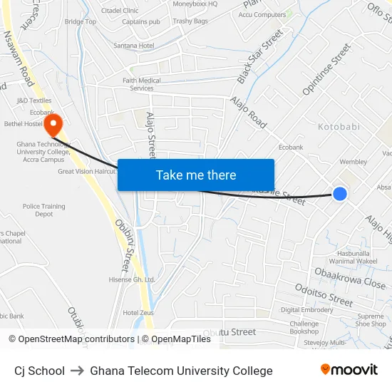Cj School to Ghana Telecom University College map