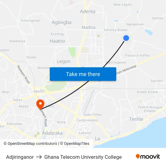 Adjiringanor to Ghana Telecom University College map