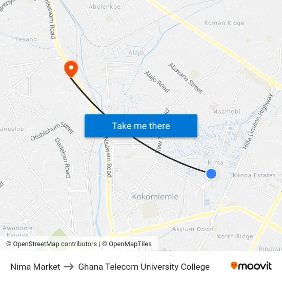 Nima Market to Ghana Telecom University College map