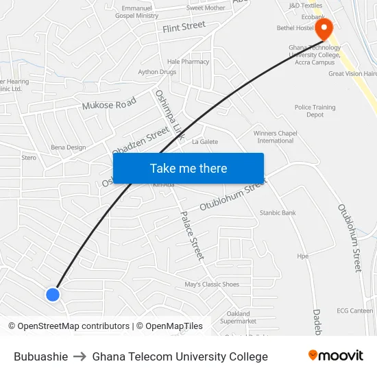 Bubuashie to Ghana Telecom University College map