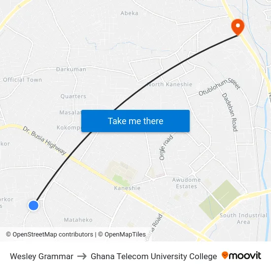 Wesley Grammar to Ghana Telecom University College map