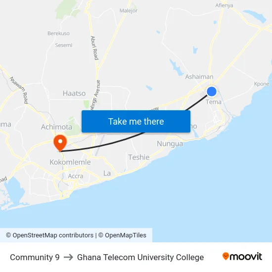 Community 9 to Ghana Telecom University College map