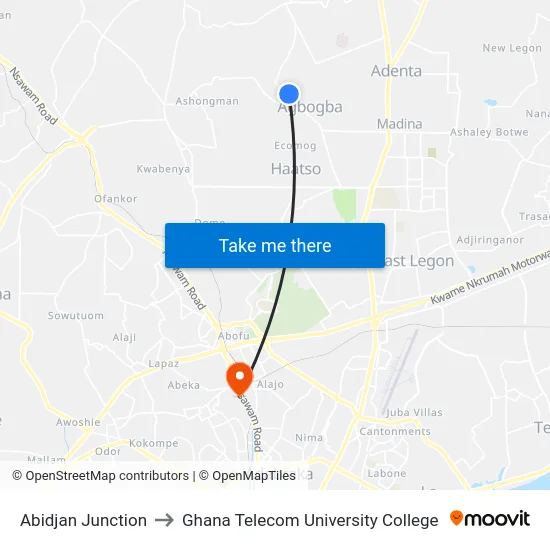 Abidjan Junction to Ghana Telecom University College map
