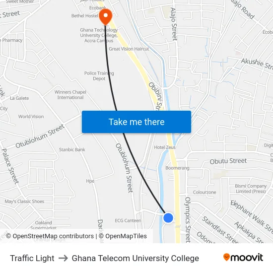 Traffic Light to Ghana Telecom University College map