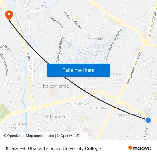 Koala to Ghana Telecom University College map