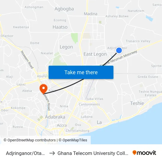 Adjringanor/Otanor to Ghana Telecom University College map
