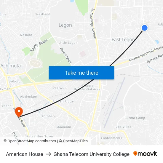 American House to Ghana Telecom University College map