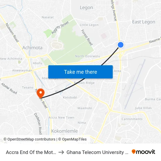 Accra End Of the Motorway to Ghana Telecom University College map