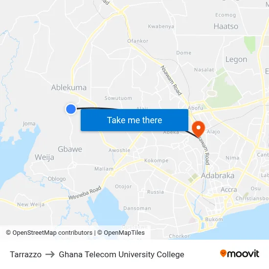 Tarrazzo to Ghana Telecom University College map