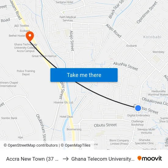 Accra New Town (37 Station) to Ghana Telecom University College map