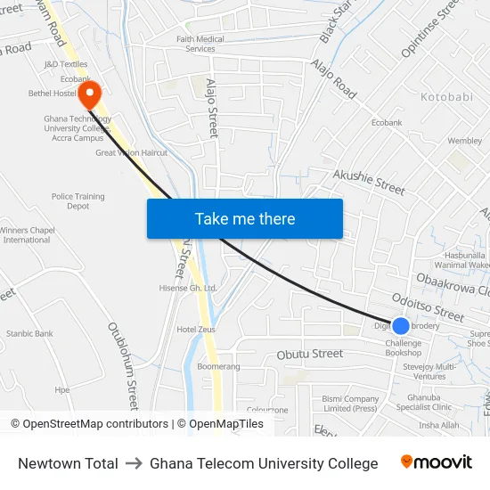 Newtown Total to Ghana Telecom University College map