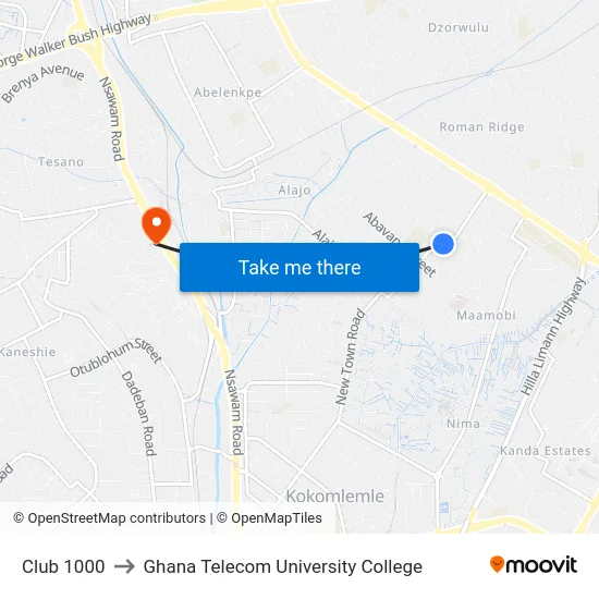 Club 1000 to Ghana Telecom University College map